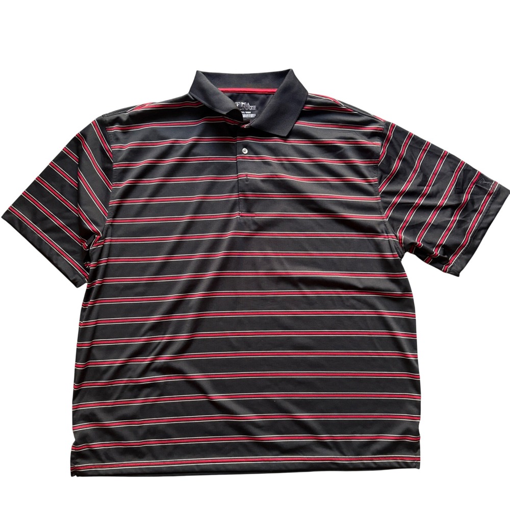 PGA Tour Mens 2X Golf‎ Polo Shirt Black Red White Striped Short Sleeve Polyester